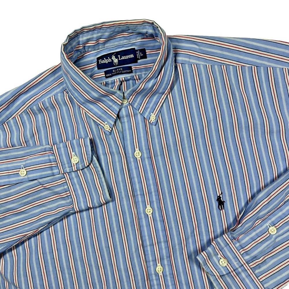Ralph Lauren Blake Button Down Shirt Mens L Blue Red Striped Relaxed Fit Preppy